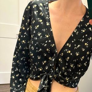 Satin tie front floral crop top
